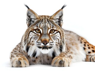 Obraz premium A lynx resting on a white background, showcasing its alert expression and distinct fur patterns