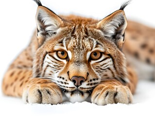 Naklejka premium A Eurasian lynx resting in the snow, showcasing its distinctive fur and expressive eyes during winter