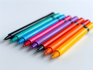 Fototapeta premium Colorful felt-tip markers arranged in a line on a light surface