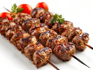 Grilled meat skewers with fresh herbs and tomatoes on a white plate during a summer barbecue gathering