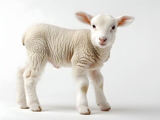 Fototapeta premium A playful lamb stands on a white background, showcasing its soft wool and curious expression in bright lighting