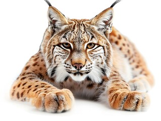 Obraz premium A lynx resting on a white background, showcasing its distinctive spotted fur and alert expression