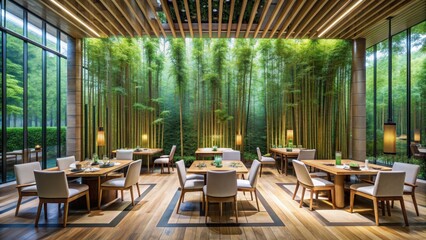 Fototapeta premium Serene and elegant bamboo forest restaurant setting , zen, tranquil, nature-inspired, green, peaceful, Asian