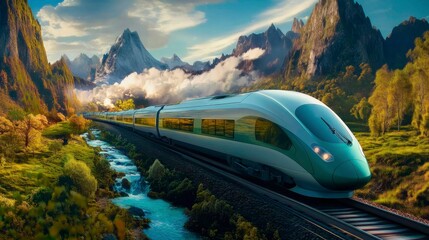 High-speed train against the backdrop of picturesque mountain scenery