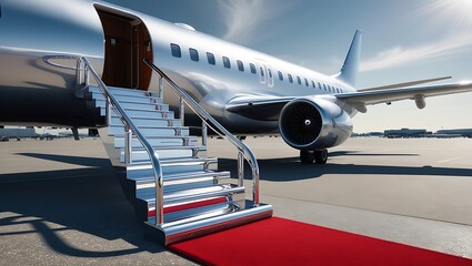 Vip luxury red carpet on stairs to private jet airplane. Airplane on airport red carpet stairs.