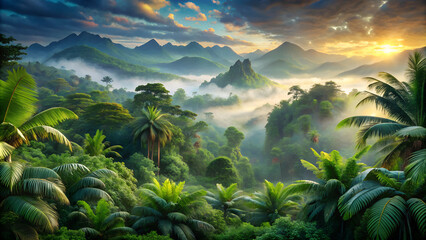 Lush Green Rainforest Landscape with Mountains at Sunset.