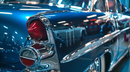 Obraz premium Close-Up of Classic Vintage Car with Chrome Details and Deep Blue Paint at Car Exhibition