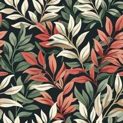 Seamless pattern of abstract leaves in green, white, and orange.