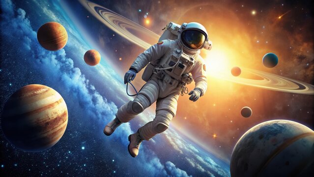 of an astronaut in space looking at the solar system, astronaut, space, solar system, exploration, cosmos, science