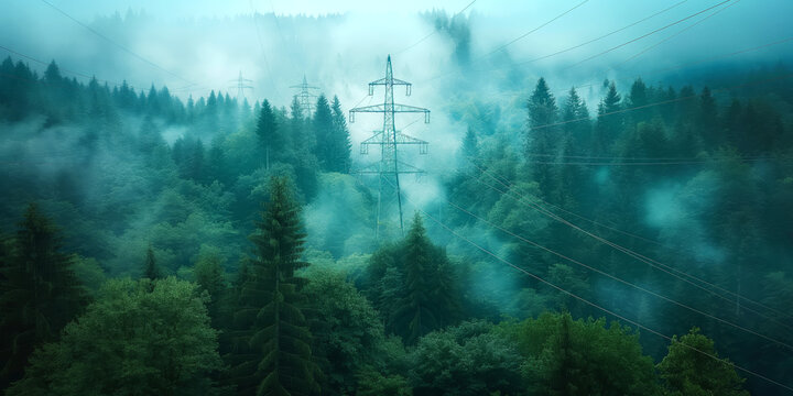 Minimalistic photo of high voltage power lines seen through a dense forest.