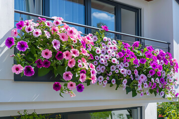 Fototapeta premium Colorful Petunia flowers in pots on the balcony terrace. Summer blooming flowers in window planters boxes adorning white apartment building. Urban gardening landscaping design