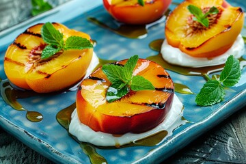 A close-up shot of grilled peach halves, caramelized and served with a drizzle of honey.. Beautiful simple AI generated image in 4K, unique.