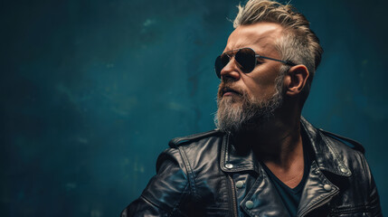 Obraz premium A man with a beard and sunglasses, wearing a leather jacket, dynamic pose, side profile, solid background