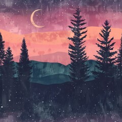 Fototapeta premium Night Sky with Pine Trees and Crescent Moon.