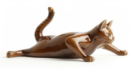 Fototapeta premium Ceramic cat stretching, elegant pose, glossy finish, isolated on white background