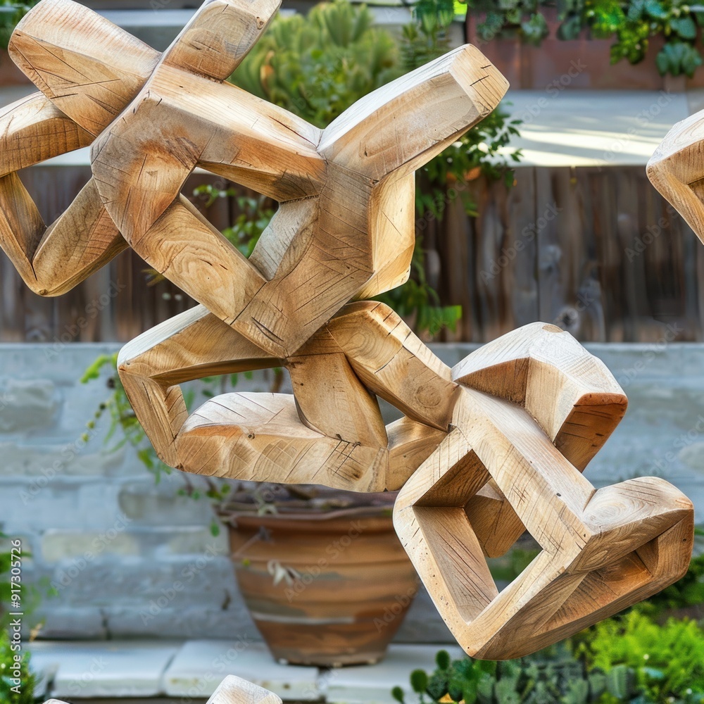 Canvas Prints Abstract wooden sculpture in a garden setting.