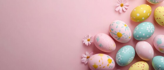 Fototapeta premium Decorated Easter Eggs and Flowers on a Pink Background