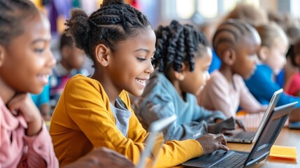 Modern Classroom: Diverse Students Using Tablets and Laptops for Cloud-Based Educational Activities