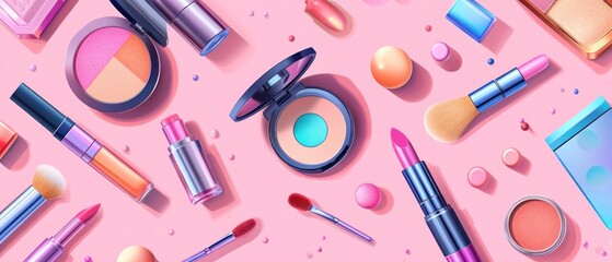 Obraz premium Makeup Products Arranged on Pink Background