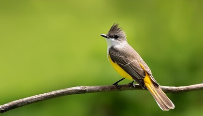 great crested flycatcher on lone branch with green background