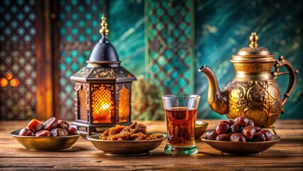 Orient table with dates, tea, and Ramadan decorations , Ramadan, kareem, dates, tea, orient, table, tray, bowl, teapot