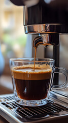 Cozy hot cup of coffee on table at home made with the coffee machine.