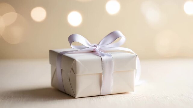 Luxury white gift box with white ribbon against bokeh background, Valentine's Day, Holidays gifts concept, anniversary, birthday. Copy space template backdrop