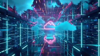 Fototapeta premium Futuristic Cloud Storage with Holographic Displays and Advanced Data Visualization in High-Tech Environment