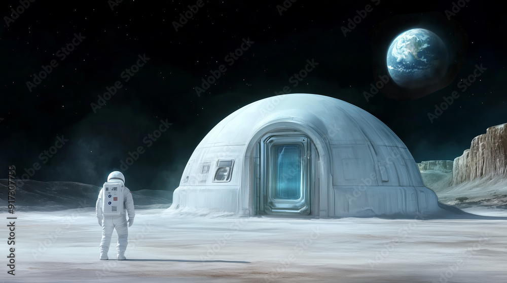 Wall mural astronaut standing in front of a lunar habitat on the moon's surface, moon colonization themes
