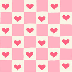 Seamless vector repeating pattern with hand drawn checkerboard in pink and cream and a perfect coral heart half drop. Valentines midcentury checker with pink hearts.