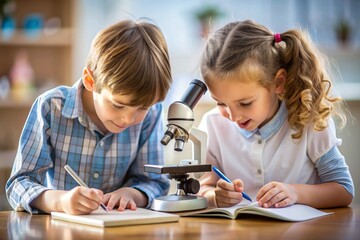 Two children are looking through a microscope and writing in a book