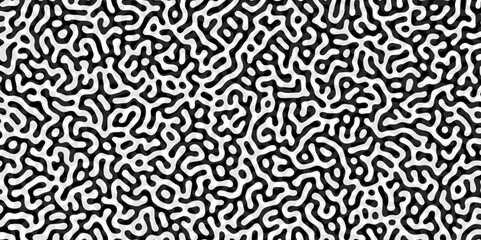 Abstract Turing organic wallpaper with background. Turing reaction diffusion monochrome seamless pattern with chaotic motion. Natural seamless line pattern. Linear design with biological shapes.