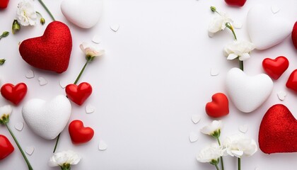 valentines day background with white and red hearts and flowers on white background