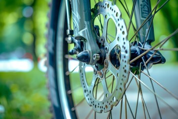 Obraz premium Rear bicycle motor wheel integrated into mountain bike close-up from side of the brake disc . Beautiful simple AI generated image in 4K, unique.