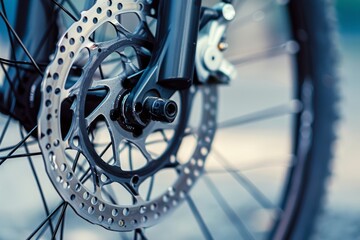Obraz premium Ultra sharp close-up showcasing a road bike's brake system, highlighting grey metal brake disc. Beautiful simple AI generated image in 4K, unique.