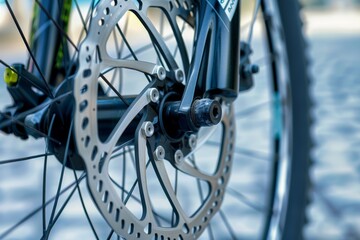 Obraz premium Ultra sharp close-up showcasing a road bike's brake system, highlighting grey metal brake disc. Beautiful simple AI generated image in 4K, unique.