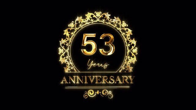 53rd Anniversary Celebration. Happy 53 Years Anniversary Animation in Gold Color on the Transparent Background, Alpha Channel. Great for greetings, celebrations, events, and gifts.