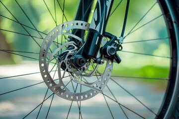 Close-up of grey metal brake disc and pads, integral part of road bike's braking system.. Beautiful simple AI generated image in 4K, unique.