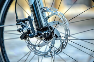 Close-up of a bicycle disc brake on a wheel with detailed view of the brake rotor and spokes, set against a blurred background. Beautiful simple AI generated image in 4K, unique.