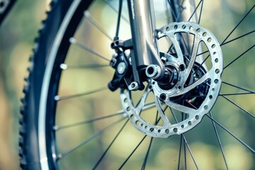 Obraz premium Rear bicycle motor wheel integrated into mountain bike close-up from side of the brake disc . Beautiful simple AI generated image in 4K, unique.
