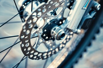 Obraz premium Ultra sharp close-up showcasing a road bike's brake system, highlighting grey metal brake disc. Beautiful simple AI generated image in 4K, unique.