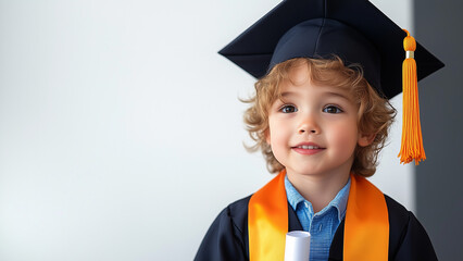 Portrait of a male child proudly wearing a graduation cloak and hat, standing against a light backdrop with copy space. For child education concepts.