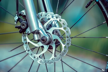 Obraz premium Ultra sharp close-up showcasing a road bike's brake system, highlighting grey metal brake disc. Beautiful simple AI generated image in 4K, unique.
