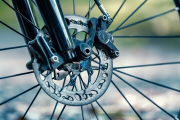 Obraz premium Rear hydraulic disc brake rotor on new blue clip-on bicycle wheel, close-up. Beautiful simple AI generated image in 4K, unique.