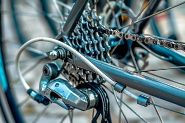 Rear bicycle motor wheel integrated into mountain bike close-up from side of the brake disc  . Beautiful simple AI generated image in 4K, unique.
