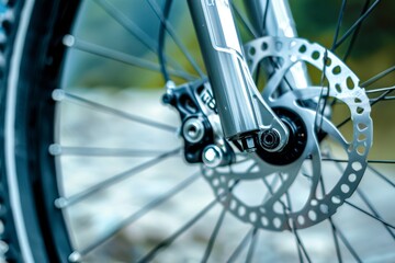 Fototapeta premium Close-up of a bike brake disc, technical expertise in bicycle maintenance. Beautiful simple AI generated image in 4K, unique.
