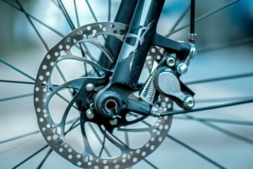 Obraz premium Close-up of a bicycle disc brake on a wheel with detailed view of the brake rotor and spokes, set against a blurred background. Beautiful simple AI generated image in 4K, unique.