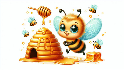 Adorable cartoon bee with honey dripping from honeycomb.