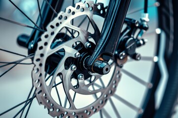 Fototapeta premium Close-up of grey metal brake disc and pads, integral part of road bike's braking system.. Beautiful simple AI generated image in 4K, unique.