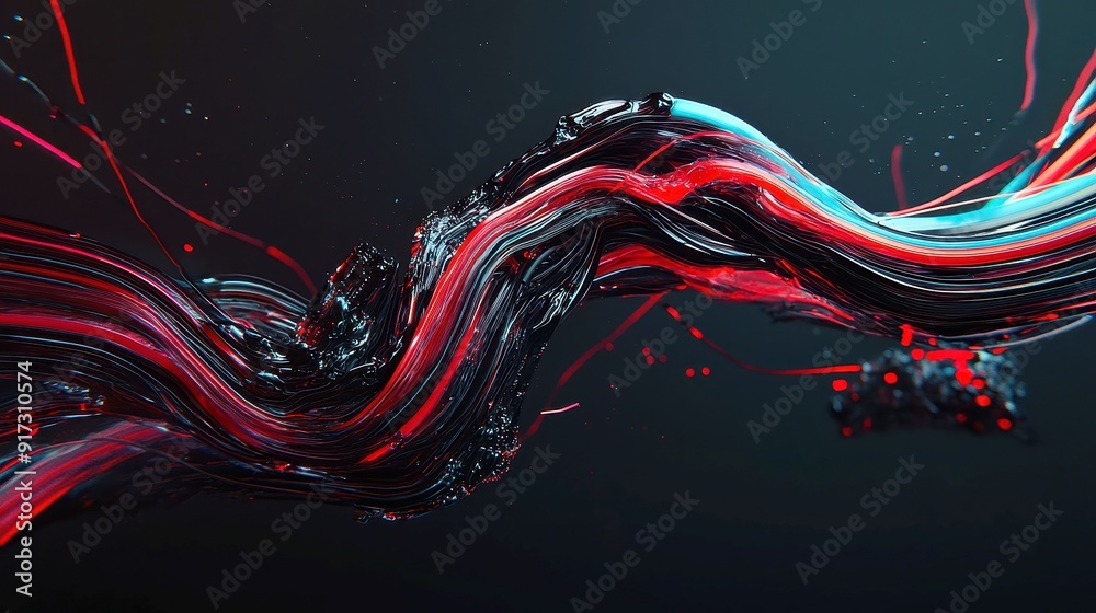Poster dark illustration of a complex technical system, vibrant lines interconnect various flow states, emp